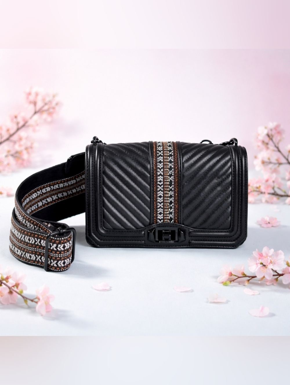 REBECCA MINKOFF Jacquard Love Crossbody With Guitar Strap In Black
